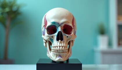 Anatomical human skull model displayed against soft background. Detailed skeletal structure shows bone features. Perfect for medical educational health science learning anatomy studies.