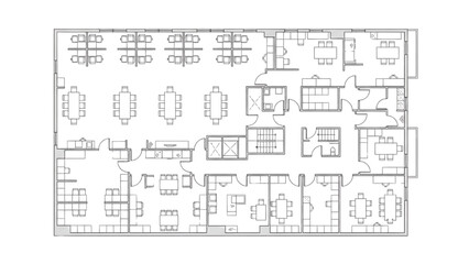 Minimal black line floor plan of office space with cubicles, meeting rooms, reception, storage, and corridor pathways