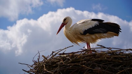 Majestic Stork Standing Proudly on Its Nest Against a Backdrop of Fluffy Clouds and Blue Skies, Symbolizing Nature's Harmony and Wildlife Beauty