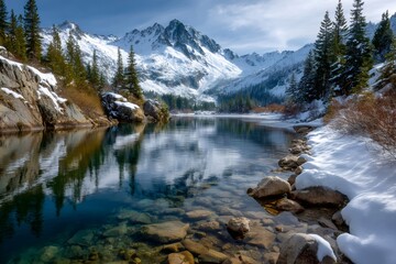 Winter mountain lake reflecting snowy peaks and clear water