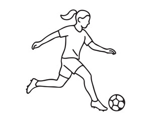 Dynamic line art of a girl kicking a soccer ball with force, symbolizing athleticism, teamwork, and the joy of sports in a simple, modern style