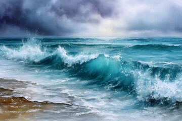 Fototapeta premium Powerful ocean waves crashing on a sandy beach below stormy clouds