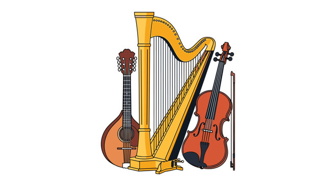 Classical instruments for music lovers including violin, mandolin, and harp create a bright, welcoming, musical atmosphere for any project