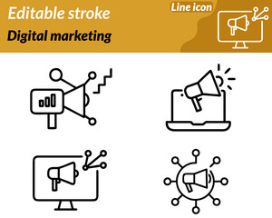 A vibrant digital marketing icon. character featuring a megaphone emitting signals surrounded by elements like a graph. Target with arrow chat bubbles and digital icons. The design symbolizes online.