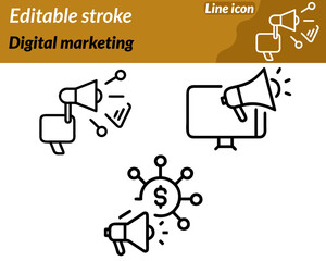 A modern digital marketing icon character featuring a megaphone projecting dynamic sound waves. Surrounded by elements such as a rising analytics graph a target with an arrow, social media icons.