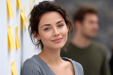 Woman smiling at office brainstorming ideas