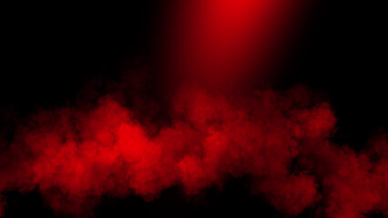 Divine light through a dark smoke and fog. The red rays beam light. Spotlight on isolated black background.