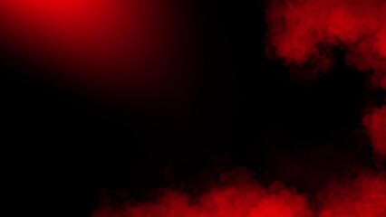 Divine light through a dark smoke and fog. The red rays beam light. Spotlight on isolated black background.