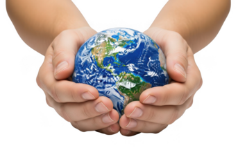 Hands gently holding the planet earth isolated on transparent background