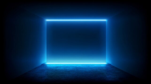 Abstract 3D minimal neon background with glowing blue lines forming simple geometric shapes on a wall, highlighting futuristic light effects and a clean modern aesthetic