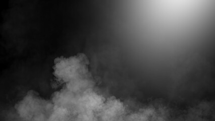 Divine light through a dark smoke and fog. The rays beam light. Spotlight on isolated black background.