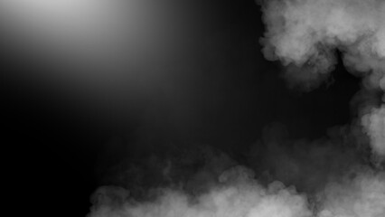 Divine light through a dark smoke and fog. The rays beam light. Spotlight on isolated black background.