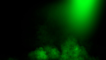 Divine light through a dark smoke and fog. The green rays beam light. Spotlight on isolated black background.