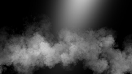 Divine light through a dark smoke and fog. The rays beam light. Spotlight on isolated black background.