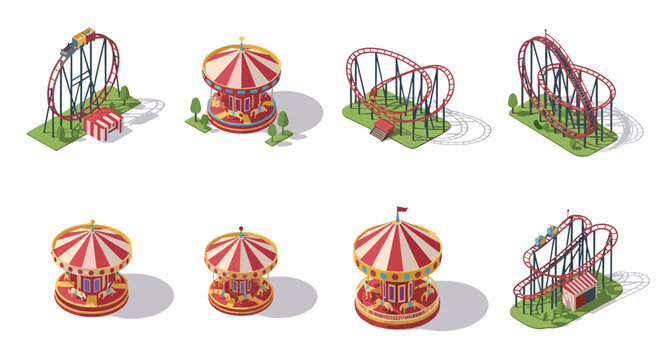Fun isometric amusement park rides featuring carousels and rollercoasters ready for thrilling adventures and joyful memories, perfect for summer fun