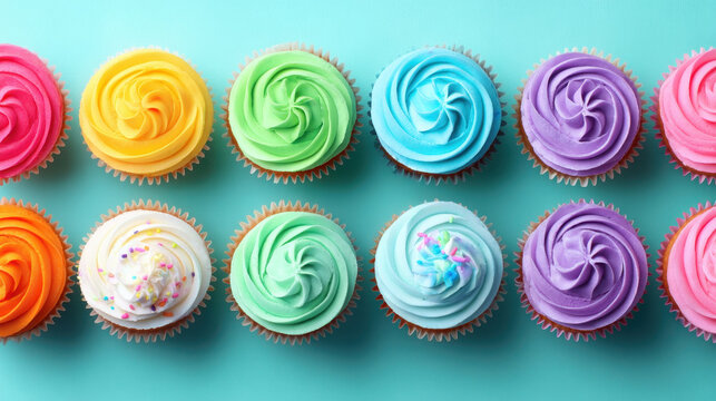 Colorful cupcakes arranged in neat row create vibrant celebration atmosphere. Each cupcake features swirl of frosting in various bright colors, inviting joy and delight