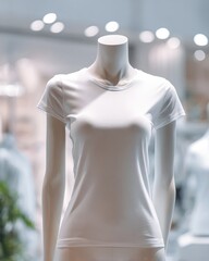 A blank white t-shirt displayed on a mannequin in a bright store environment, ideal for apparel mockups, fashion design, retail showcases, clothing catalogs, and minimalist product displays.
