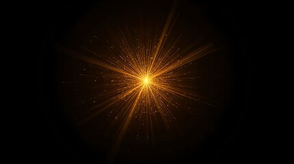 Abstract golden starburst with light rays and particles on black background