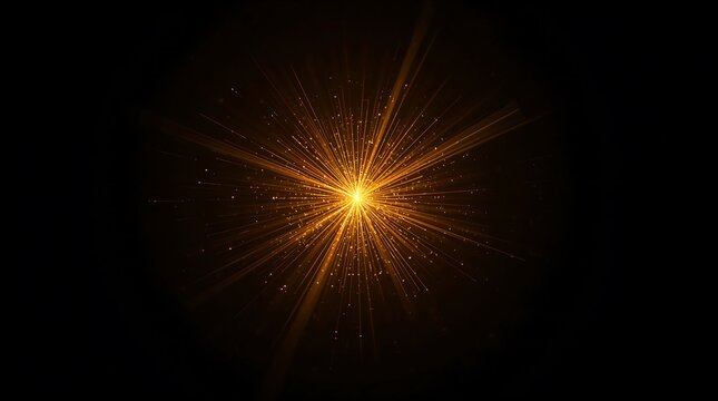 Abstract golden starburst with light rays and particles on black background