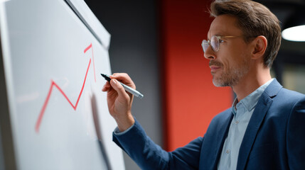 Businessman in glasses drawing upward trend graph on whiteboard in modern environment