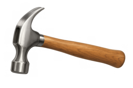 Metal claw hammer with a wooden handle for construction, carpentry, and home improvement, transparent background - Powered by Adobe