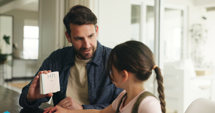 Homework, alphabet card and dad with girl in home for lesson, learning and help with activity. Family, language and father with child, phonics and education for studying and teaching letters in house - Powered by Adobe