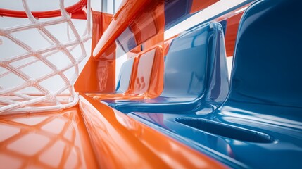 Extreme macro close-up of a basketball backboard system: clear acrylic, rugged orange rim, white vibrating net, blue padded base with indentation, hard light on gray. Concept of engineered sports