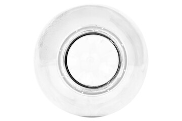 Plastic water bottle on white background. top view