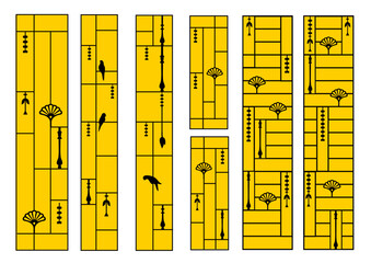 Set of Abstract Art Deco Style Geometric Panels with Floral and Bird Motifs, vertical grill design