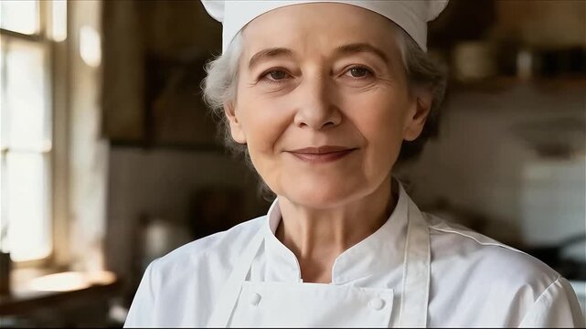 Anciana chef con delantal blanco sonriendo cálidamente en su cocina