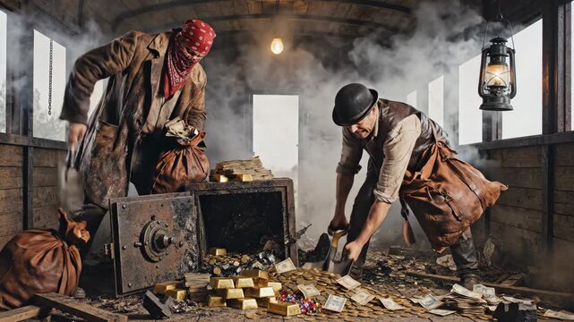 Two pirates explore an old shipwreck, uncovering a hidden treasure chest filled with gold and jewels. Excitement and adventure fill the air as they sift through piles of treasure.