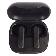 Black Bluetooth phone earphone with charging camera on white background