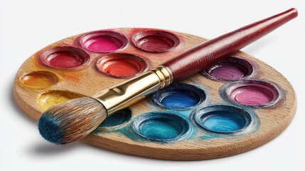 A close up of a wooden artist's palette filled with a variety of vibrant paint colors, with a paintbrush resting on top.