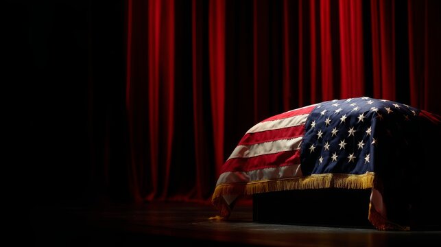 Folded American flag on a podium, symbolizing honor and tribute to veterans for Memorial Day and Veterans Day, copy space