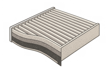 Automotive cabin air filter cross-section diagram showing layered pleated filtering media and clean air technology