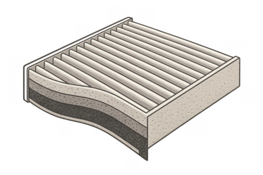 Automotive cabin air filter cross-section diagram showing layered pleated filtering media and clean air technology