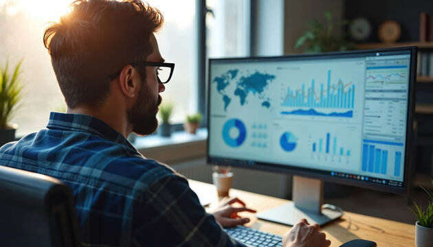 Focused businessman analyzes data on computer screen. Studies website analytics, search engine optimization strategies. Man examines digital metrics to improve online visibility, business performance. - Powered by Adobe