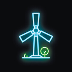 Neon windmill standing on field with grass and tree, symbolizing renewable energy and sustainability