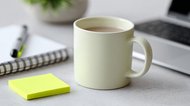 Close-up of a white coffee mug filled with coffee on a desk with sticky notes, a spiral notebook, pen, and a laptop in the background