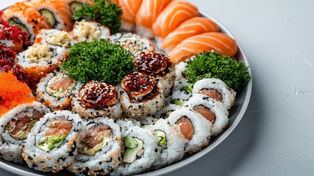 Close up of a diverse platter of Japanese sushi including salmon nigiri, California rolls, and spicy tuna rolls, garnished with green herbs and roe.