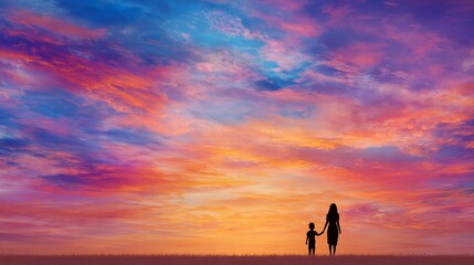 A beautiful silhouette of a mother and child standing together under a vibrant sunset sky filled with colorful clouds, perfect for Mother’s Day themes, family love concepts with copy space.