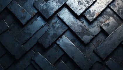 Dark metal plates form abstract herringbone background. Textured iron surface with rust, wear shows age. Old steel blades create strong armor pattern. Rough medieval design metallic, protective,
