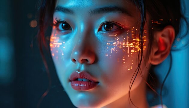 Young asian woman face with glowing digital circuit pattern overlay. Futuristic cybernetic aesthetic, concept of AI human interface and tech.