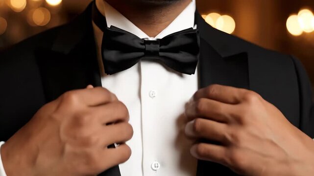 Man in Tuxedo Adjusting His Bow Tie Before an Evening Event