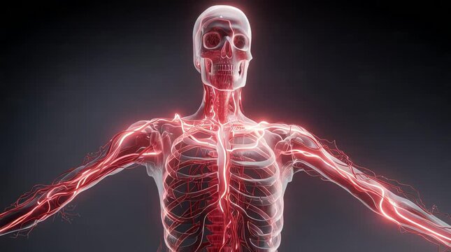 Digital Illustration of Human Skeleton with Visible Nervous System in Front View