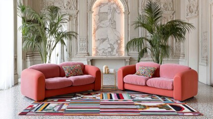 maximalist living room, coral twin sofas, bold geometric rug, plaster wall with accent light, indoor palm corner