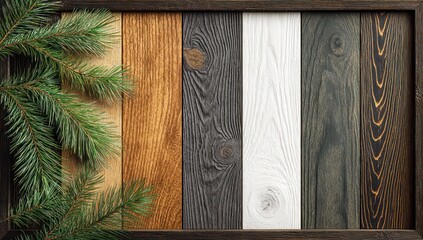 Decorative wood planks with pine boughs.