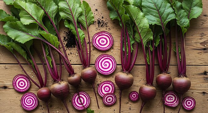 Freshly harvested beets with vibrant greens and sliced rounds on wood.