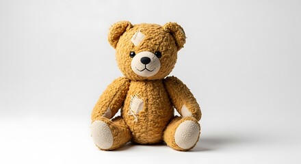 Obraz premium Worn Teddy Bear Plush Toy with Patches and Stitching on White Background