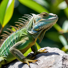 Obraz premium Iguana lizard perched on a rock, basking in the sunlight with its distinctive spiky crest and scaly skin, surrounded by lush greenery. Reptile in Mexico. Blurred background. Close-up